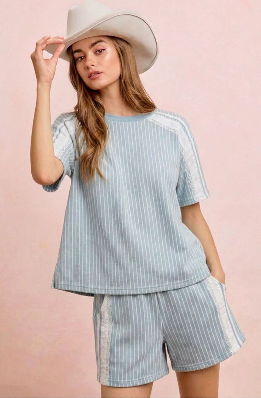 B1026. BiBi White/Blue Striped Denim Lace Short Sleeve T-Shirt NWT - Picture 2 of 5
